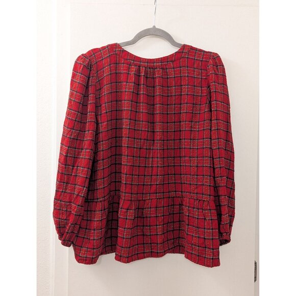 Holiday Red Tartan Button-Front Blouse By Loft Long-Sleeve - Picture 5 of 7